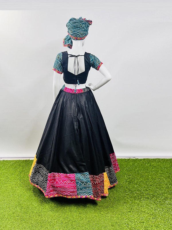 Rajwadi Black Pure Cotton Silk Multi Print With Gamthi Lace Work Navratri Lehenga Choli