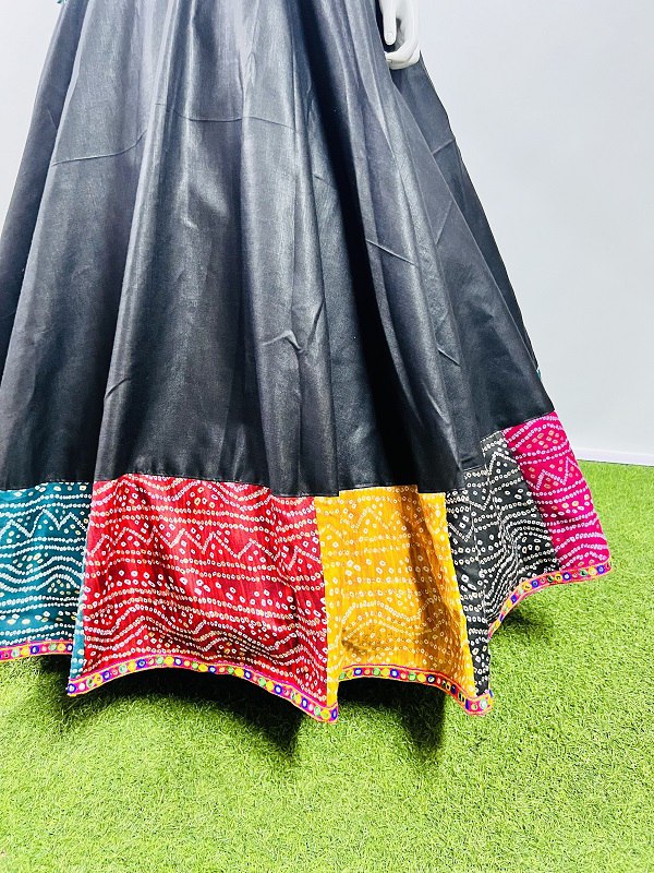 Rajwadi Black Pure Cotton Silk Multi Print With Gamthi Lace Work Navratri Lehenga Choli