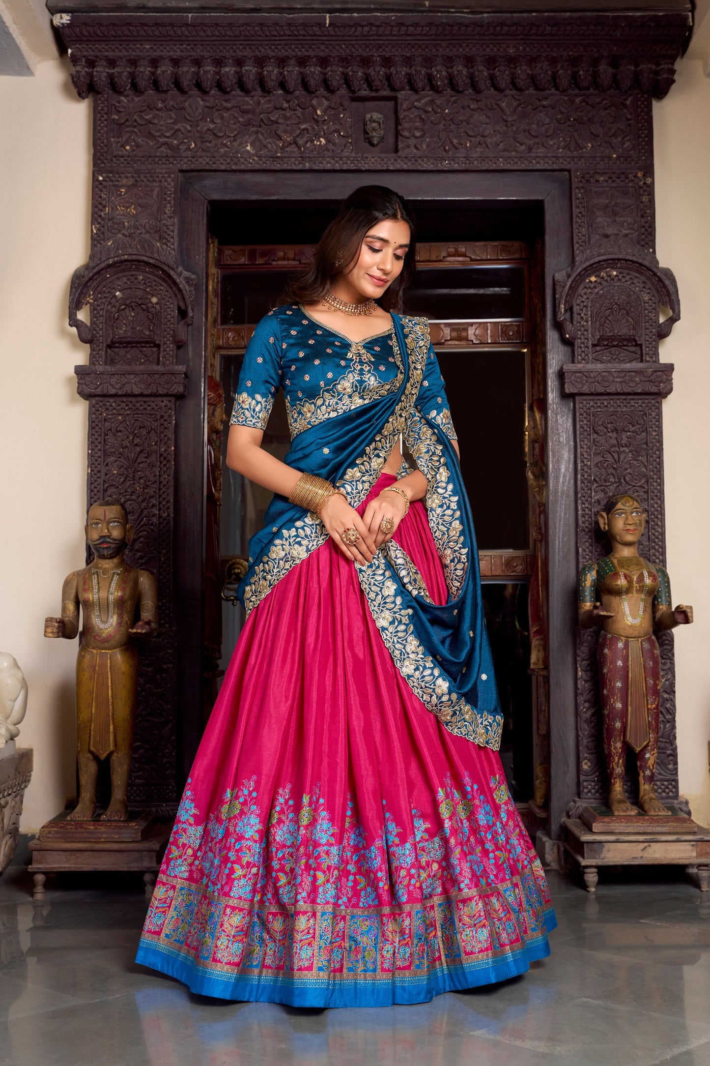 Pink Tussar Silk Printed With Foil Work Lehenga Choli