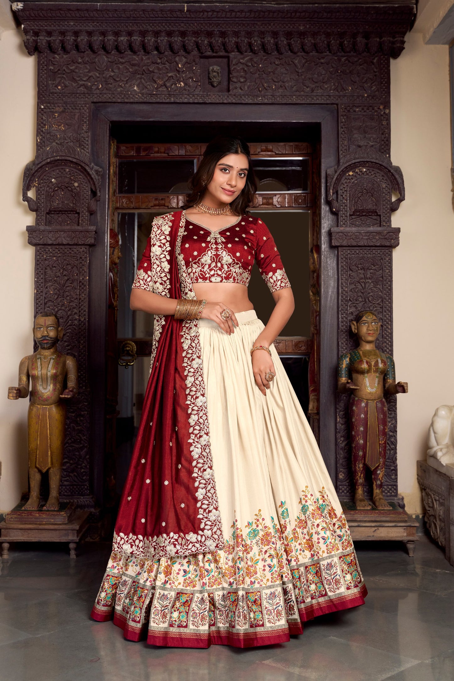 Off White Tussar Silk Printed With Foil Work Lehenga Choli