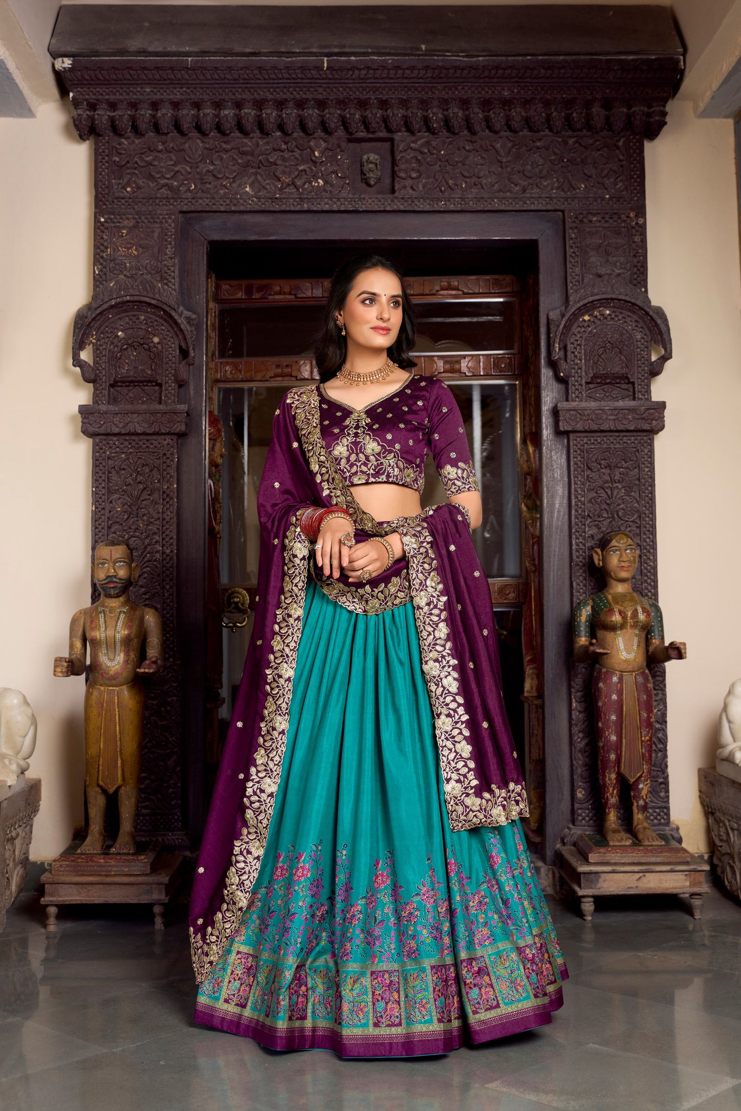Firozi Tussar Silk Printed With Foil Work Lehenga Choli