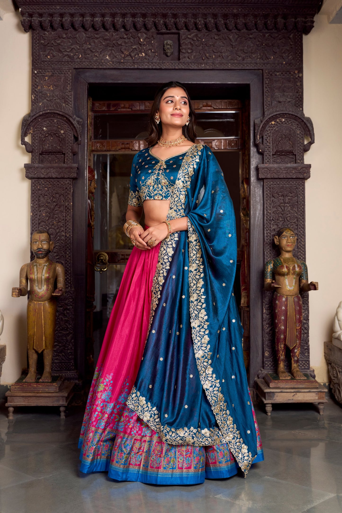 Pink Tussar Silk Printed With Foil Work Lehenga Choli
