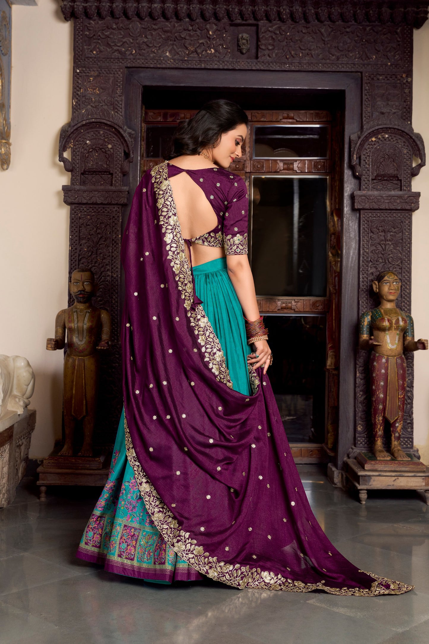 Firozi Tussar Silk Printed With Foil Work Lehenga Choli