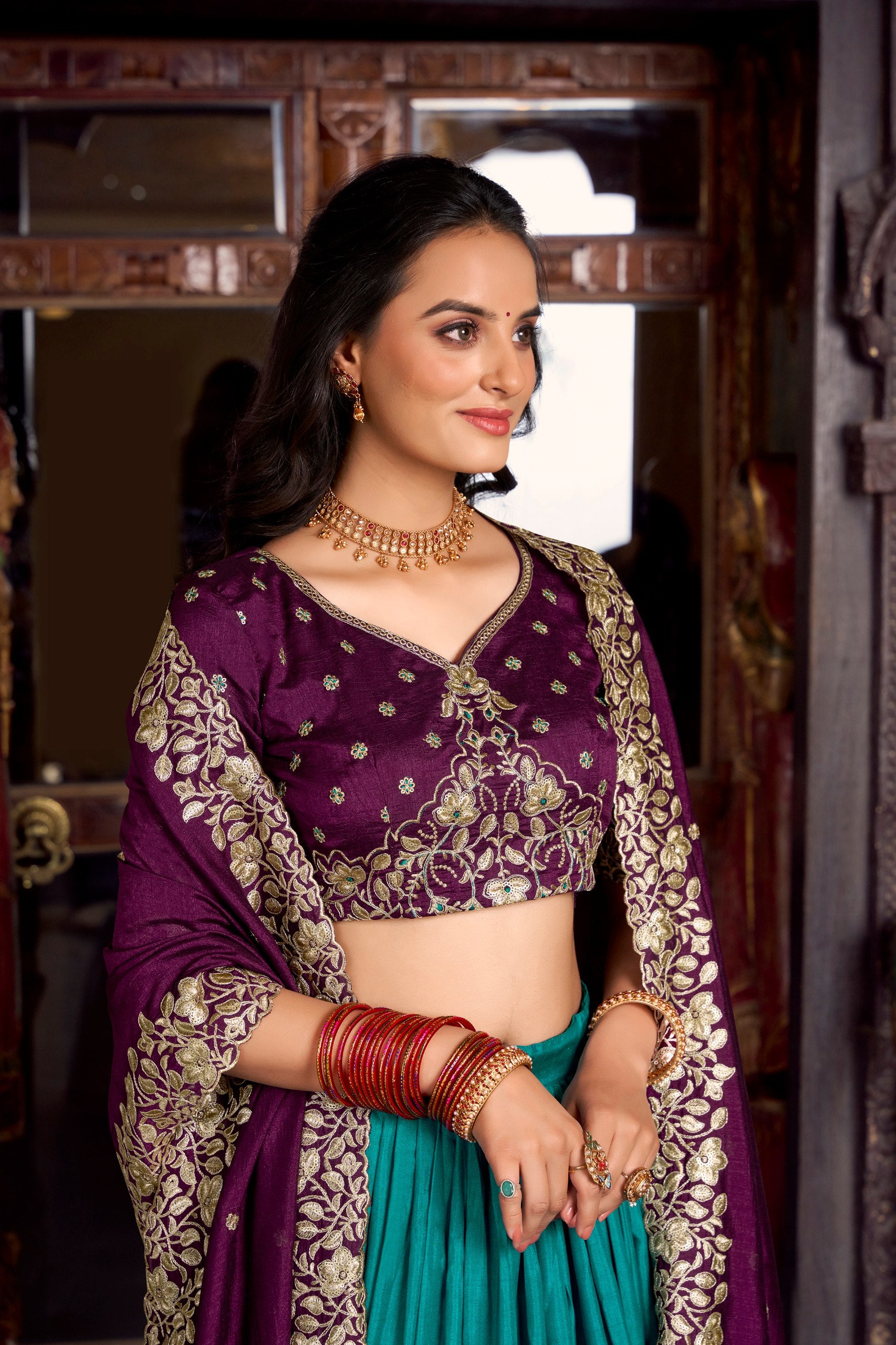 Firozi Tussar Silk Printed With Foil Work Lehenga Choli