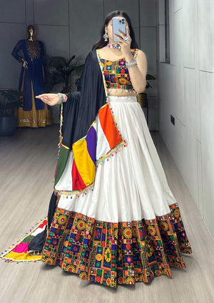 White Pure Rayon Cotton Navratri Lehenga with Real Mirror Work and Traditional Gamthi Design Patta Border by The Beauty Queen Surat