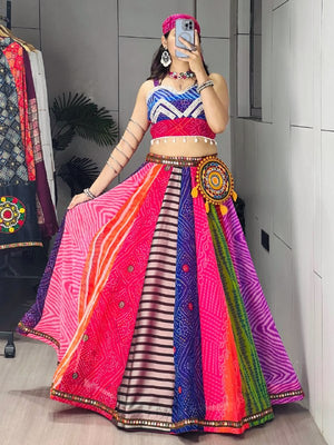 Multicolour faux georgette Navratri chaniya choli with print kali and paper mirror border