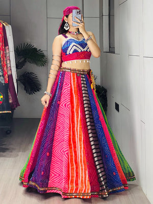 Multicolour Navratri chaniya choli ready to wear with kandora and moti tassels