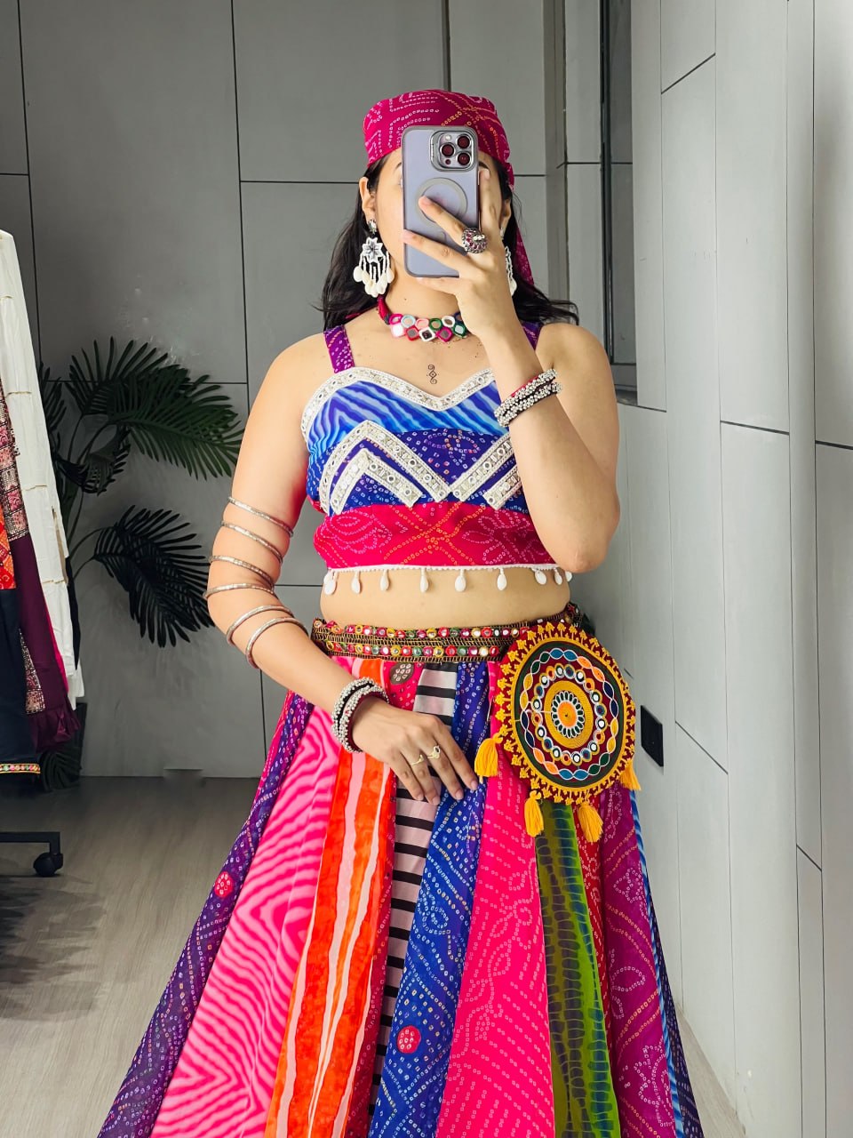 Garba chaniya choli multicolour bandhani leheriya kali with mirror work crop top