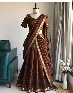 Brown half saree with gold zari border and Sinonsi silk zari pallu dupatta