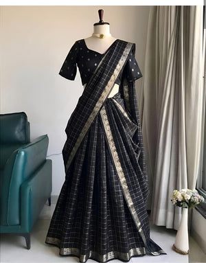 Black half saree with gold zari border and Sinonsi silk zari pallu dupatta