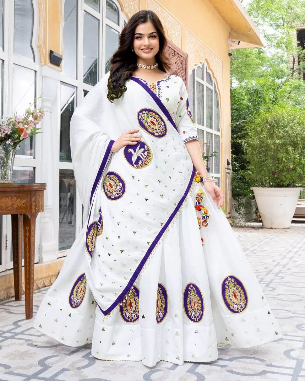 White Beautiful Digital Print Real Mirror Work Navratri Lehenga Choli