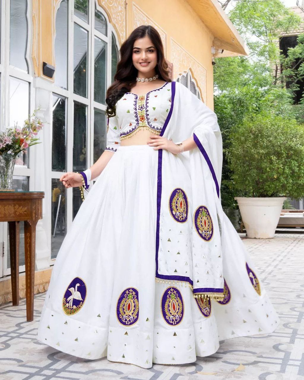 White Beautiful Digital Print Real Mirror Work Navratri Lehenga Choli