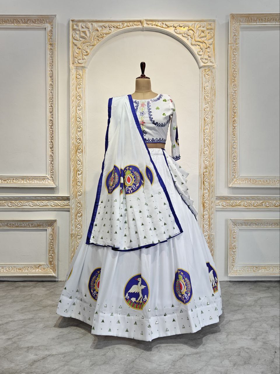 White Beautiful Digital Print Real Mirror Work Navratri Lehenga Choli