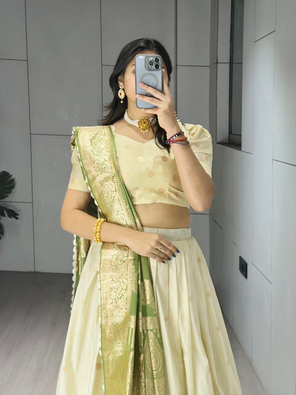 Royal Cream & Green Paithani Silk Lehenga with Floral Zari Weaving & Designer Border
