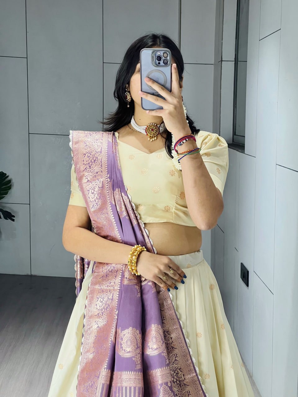 Royal Cream & Purple Paithani Silk Lehenga with Floral Zari Weaving & Designer Contrast Border