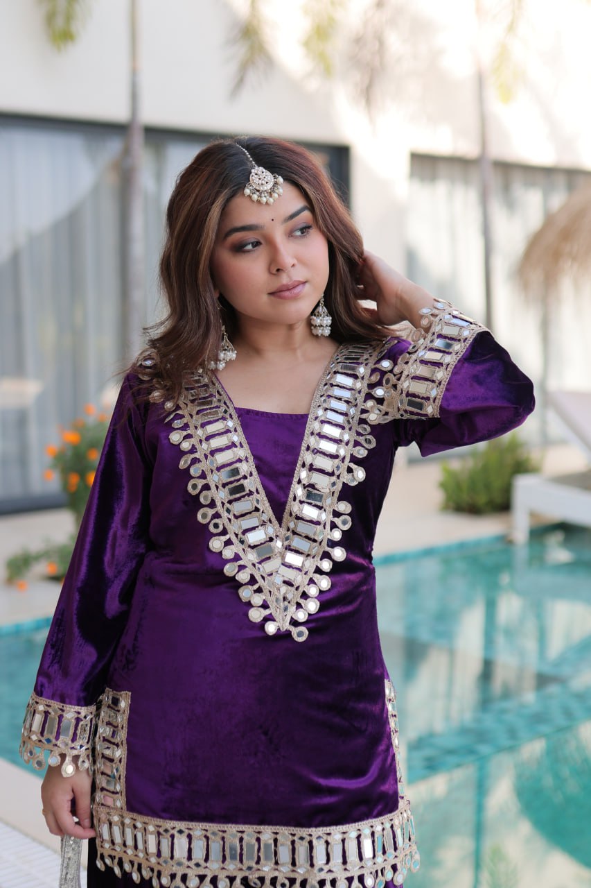 Royal Purple Velvet With Rich Zari Embroidered And Real Mirror Work Palazzo