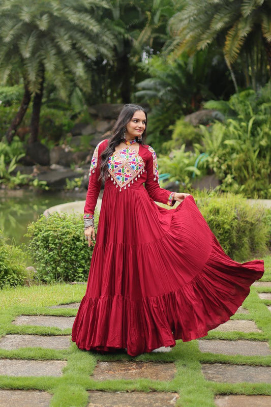 Maroon Reyon With Kutchi Gamthi Work Navratri Gown