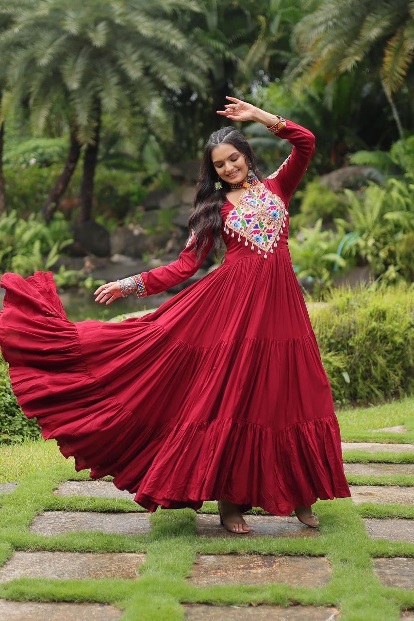 Maroon Reyon With Kutchi Gamthi Work Navratri Gown
