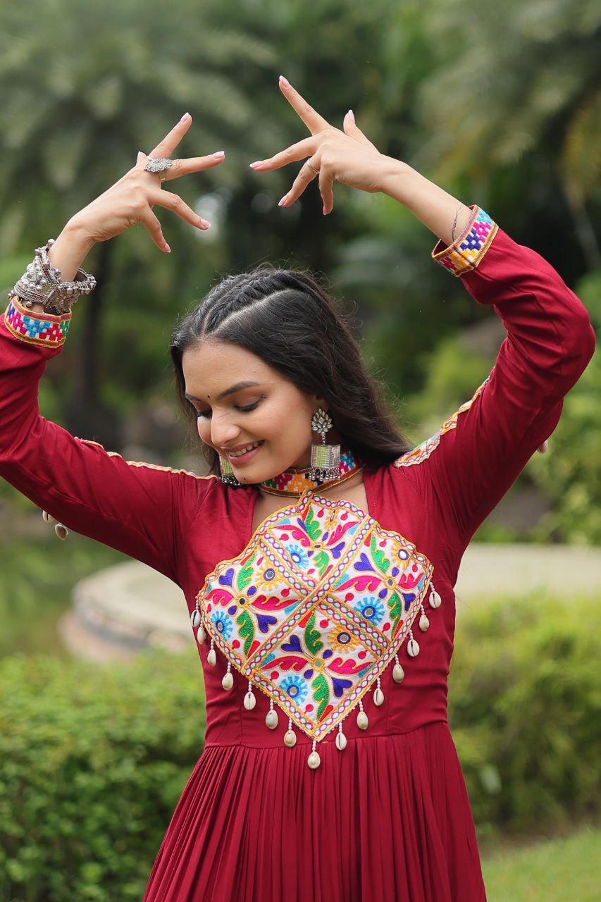 Maroon Reyon With Kutchi Gamthi Work Navratri Gown