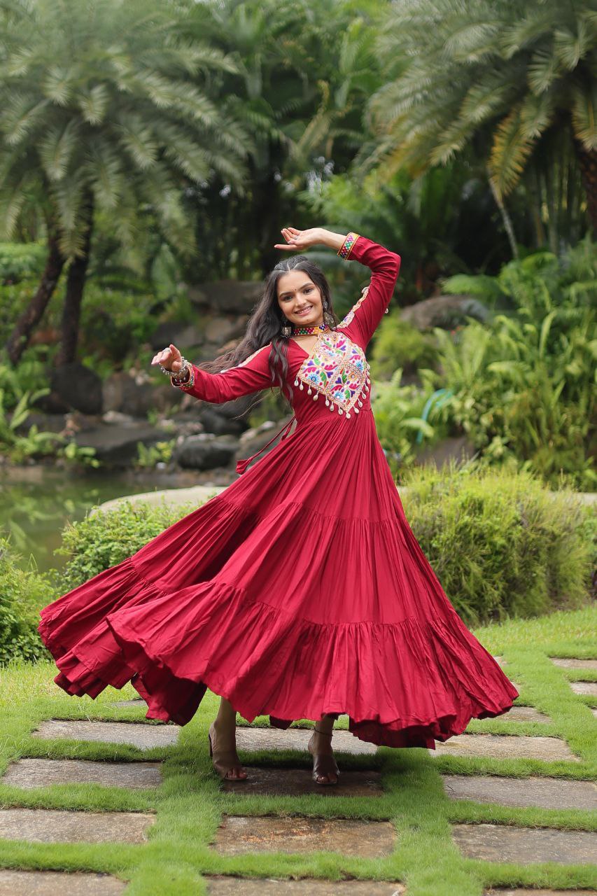 Maroon Reyon With Kutchi Gamthi Work Navratri Gown