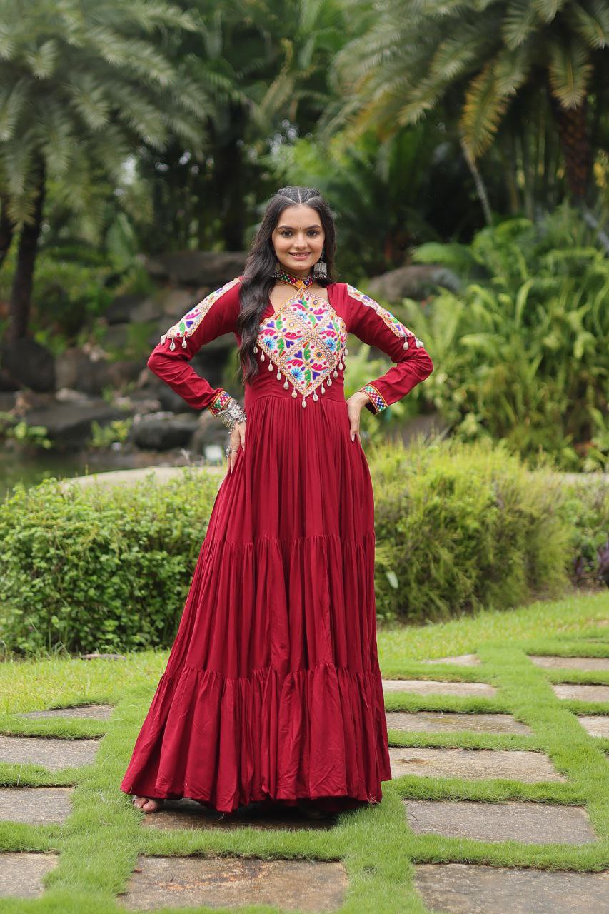 Maroon Reyon With Kutchi Gamthi Work Navratri Gown