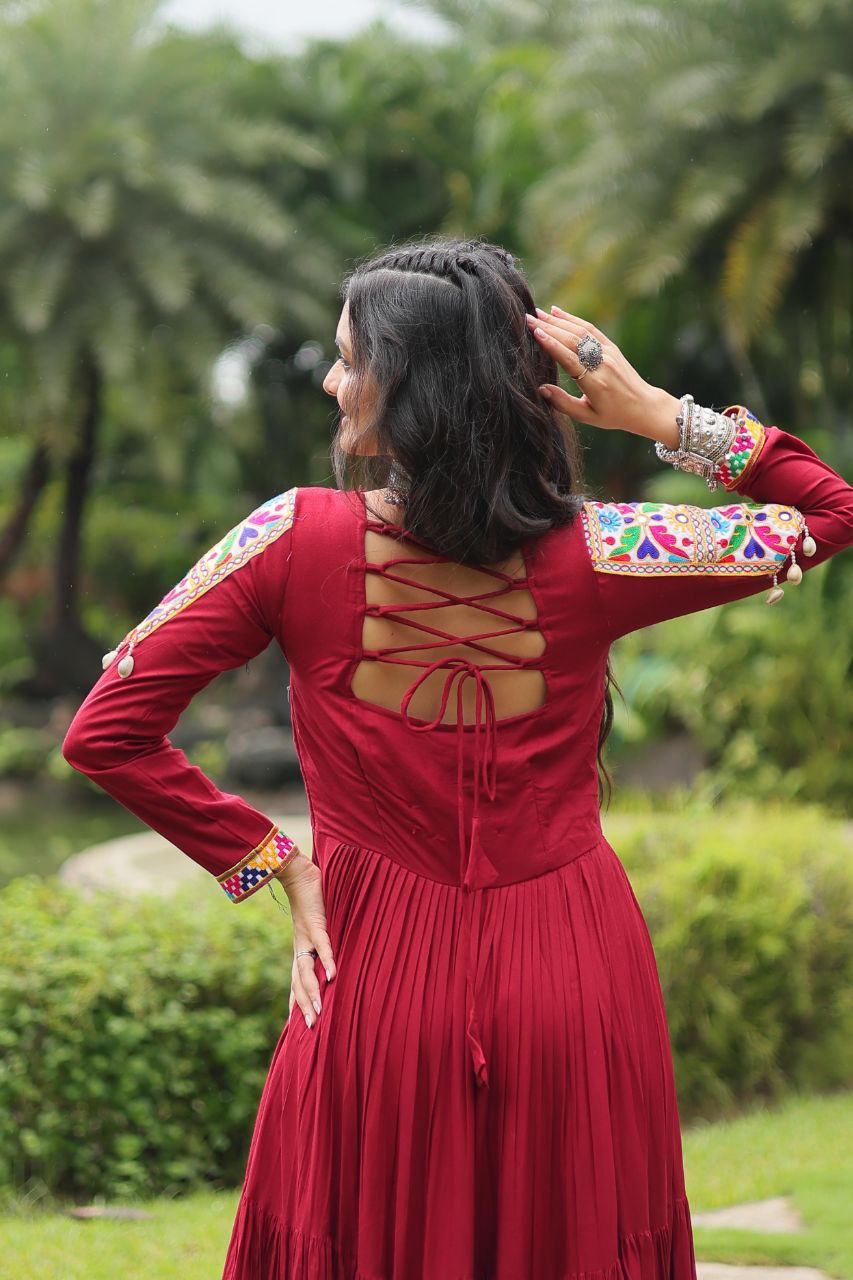 Maroon Reyon With Kutchi Gamthi Work Navratri Gown