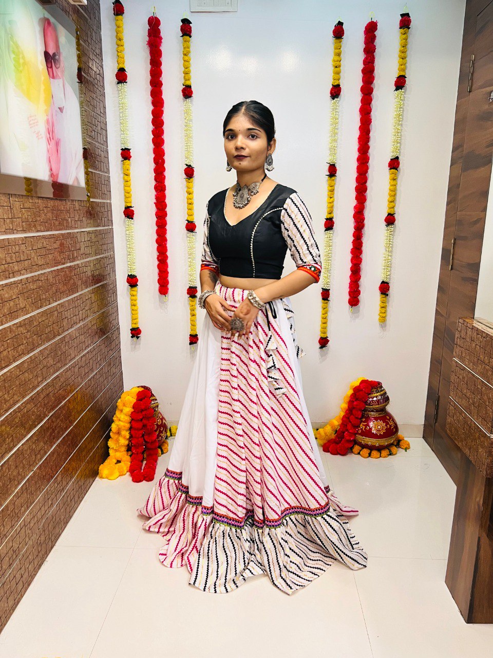 Rajwadi Pure Cotton Silk Printed With Lace Work Navratri Lehenga Choli