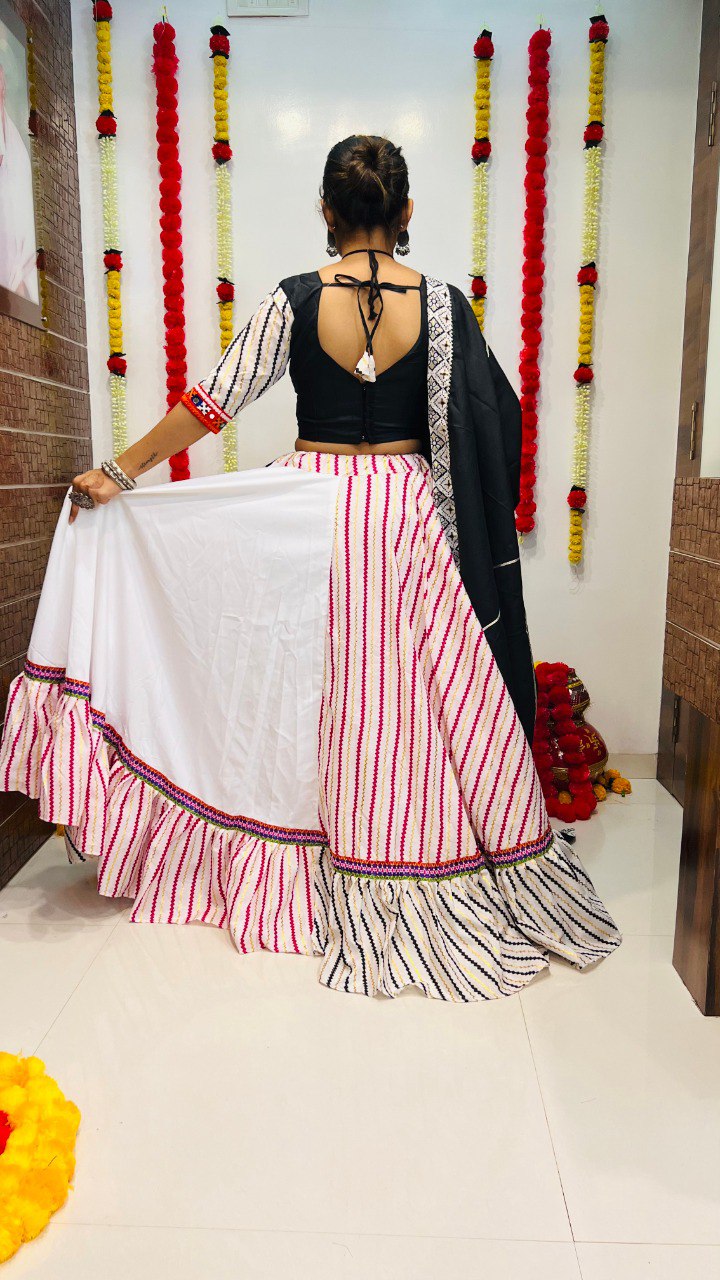 Rajwadi Pure Cotton Silk Printed With Lace Work Navratri Lehenga Choli