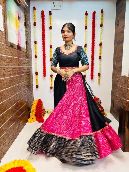 Rajwadi Bandhani Printed Pure Cotton Silk With Gamthi Lace Work Navratri Lehenga Choli