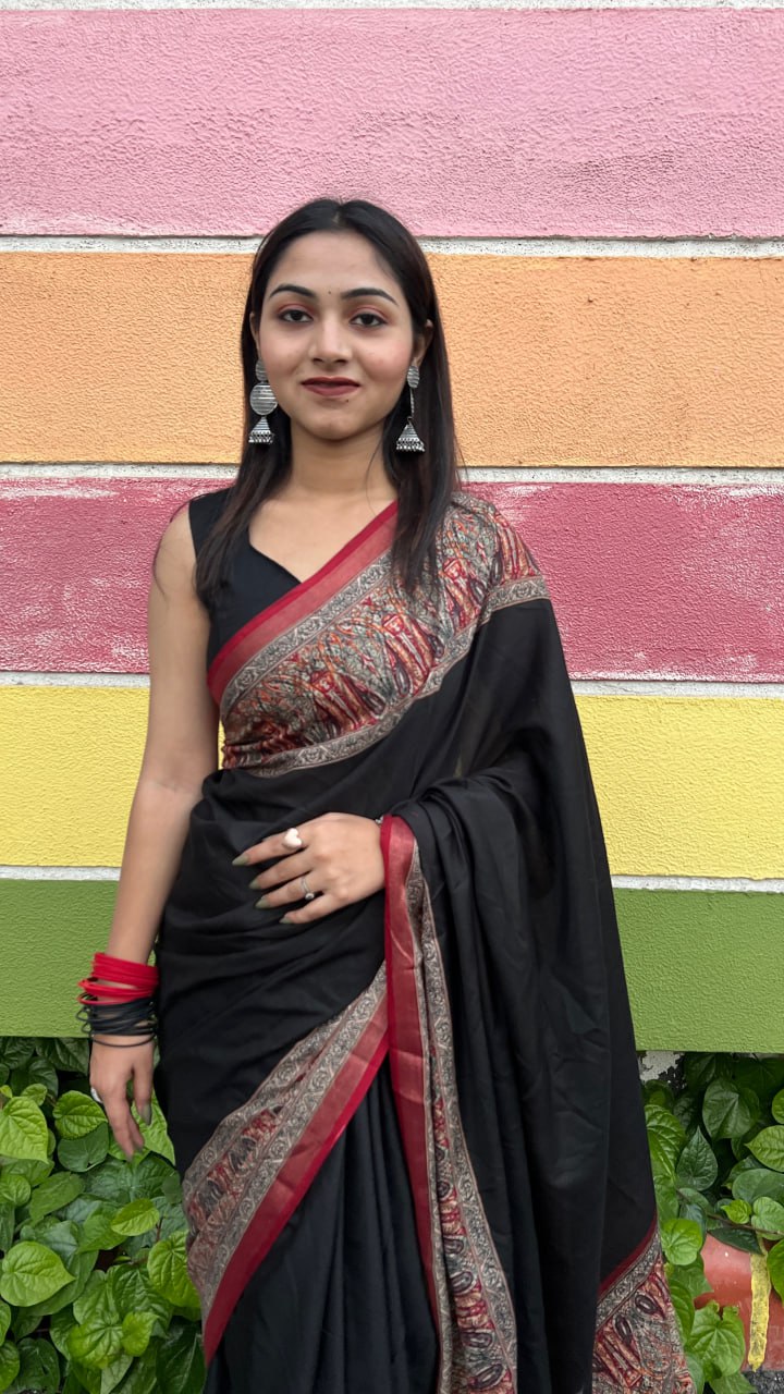 Black Soft Mal Mal Cotton Elegant Contrast Woven Border Saree