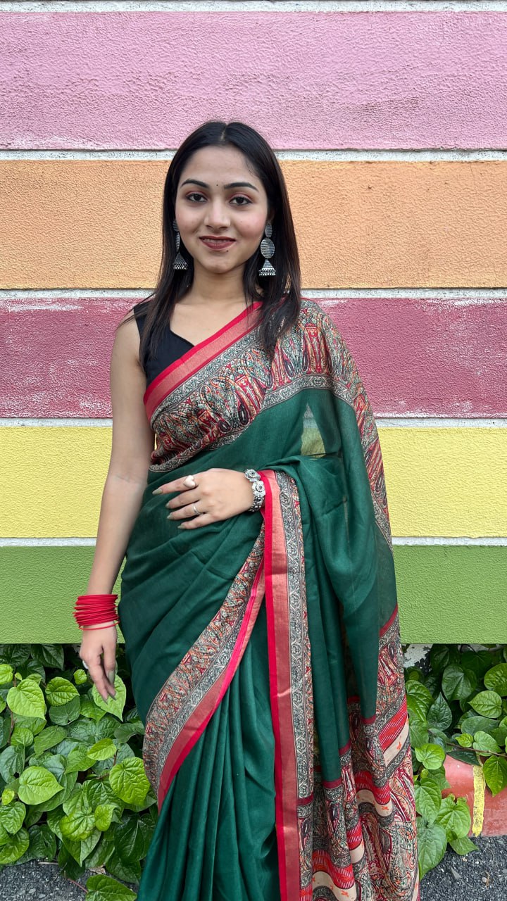 Green Soft Mal Mal Cotton Elegant Contrast Woven Border Saree