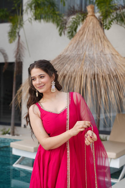 Pink Heavy Pure Roman silk Chanderi Fabric Salwar Suit