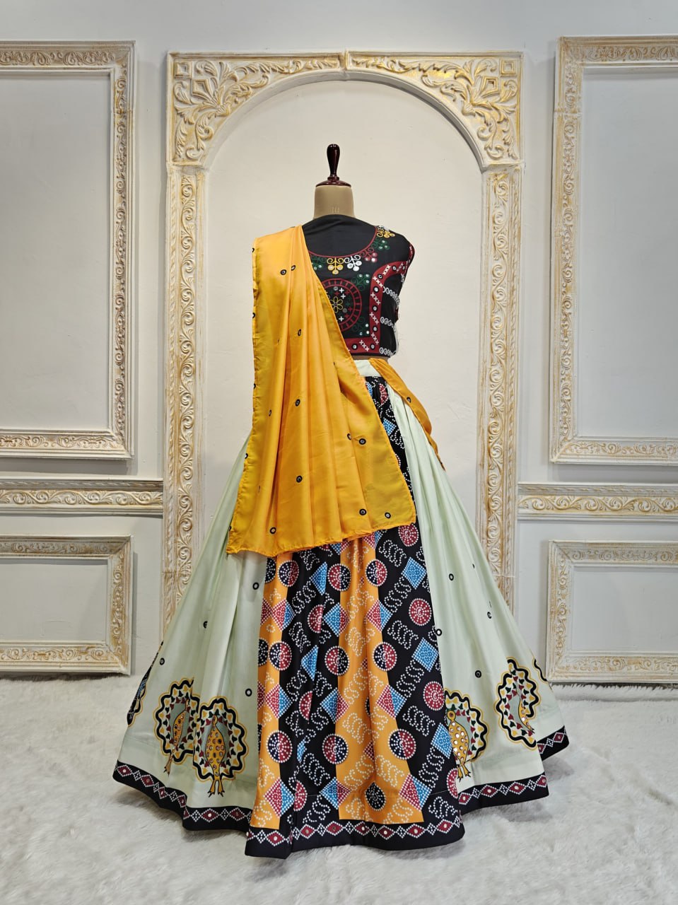 Yellow Beautiful Digital Print Real Mirror Work Navratri Lehenga Choli