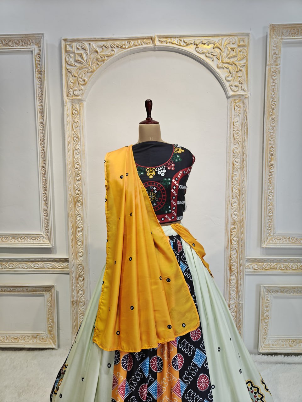 Yellow Beautiful Digital Print Real Mirror Work Navratri Lehenga Choli