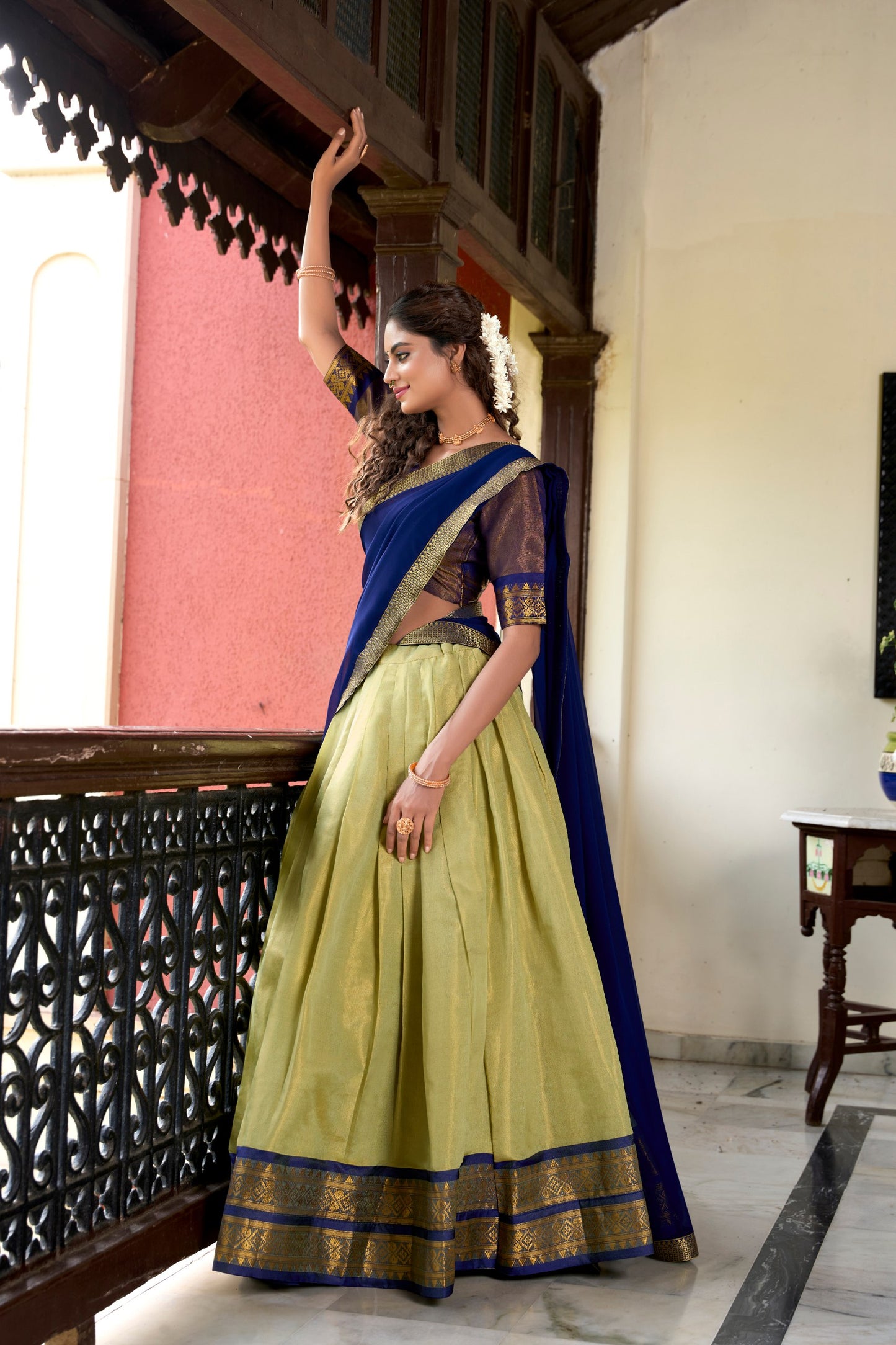 Pista Kanchipuram Zari Weaving Work Stitch With Canvas Lehenga