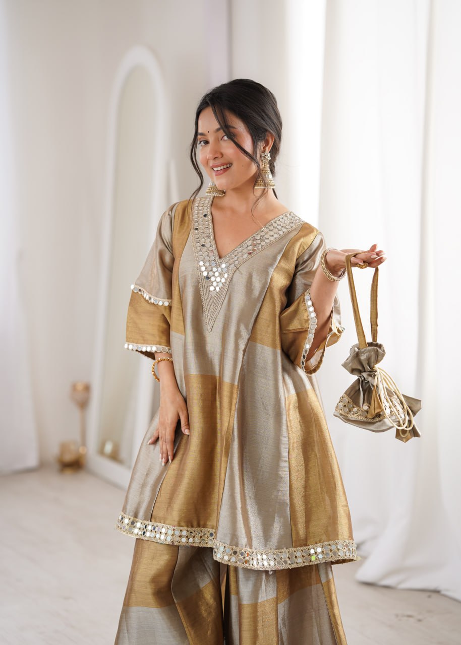 Two-Tone Tissue Silk Sharara Set with Coding Embroidery & Mirror Work