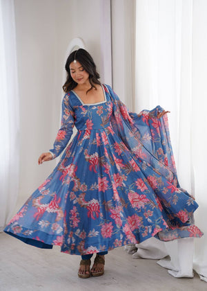 Dusty Blue Pure Soft Organza Floral Print Anarkali Suit with silver lace neckline by The Beauty Queen Surat.