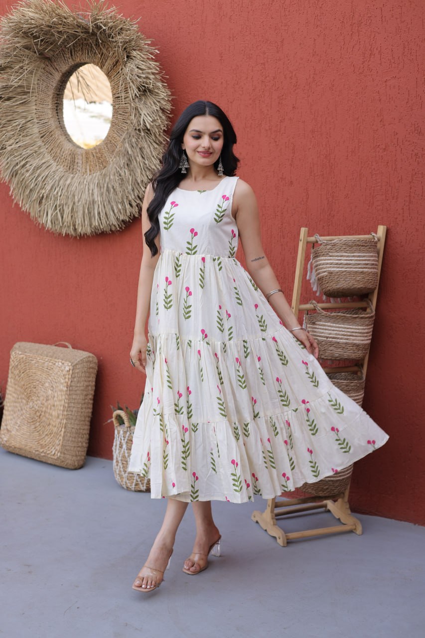 Buy White Green Printed Cotton Gown with Frill Pattern