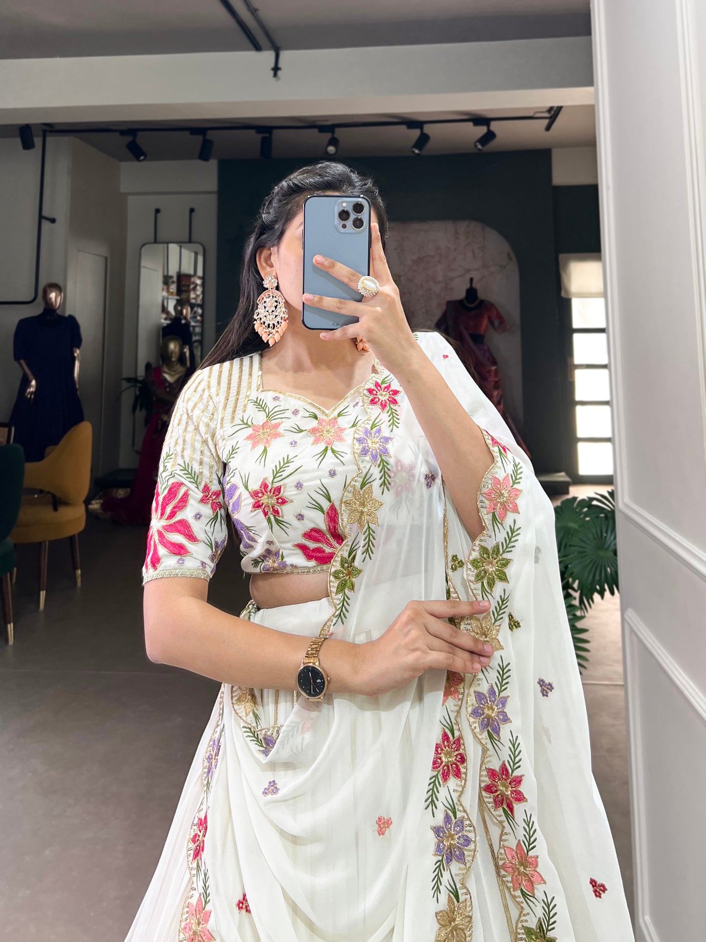 White Georgette Sequins And Thread Embroidery Work Lehenga