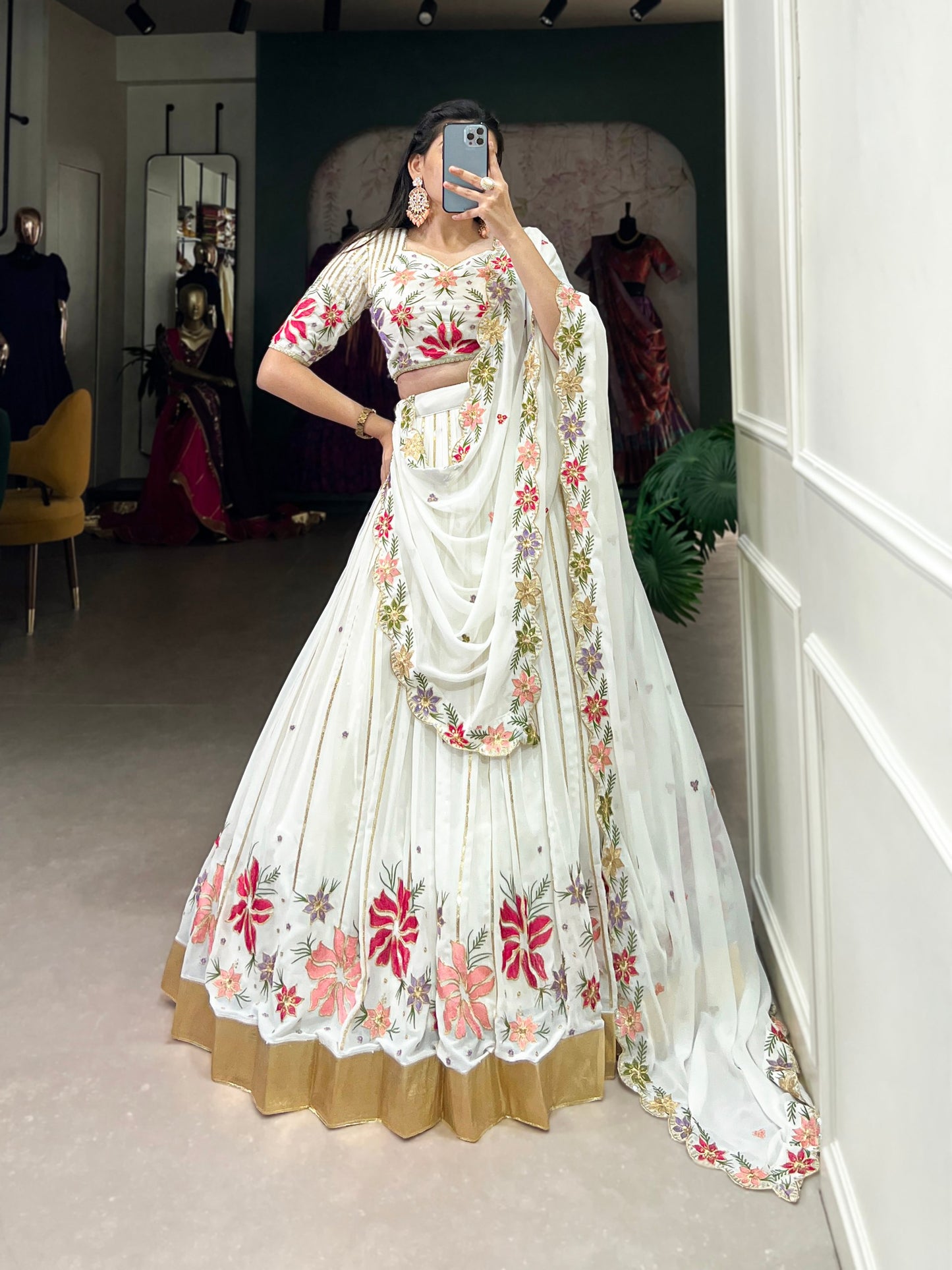 White Georgette Sequins And Thread Embroidery Work Lehenga