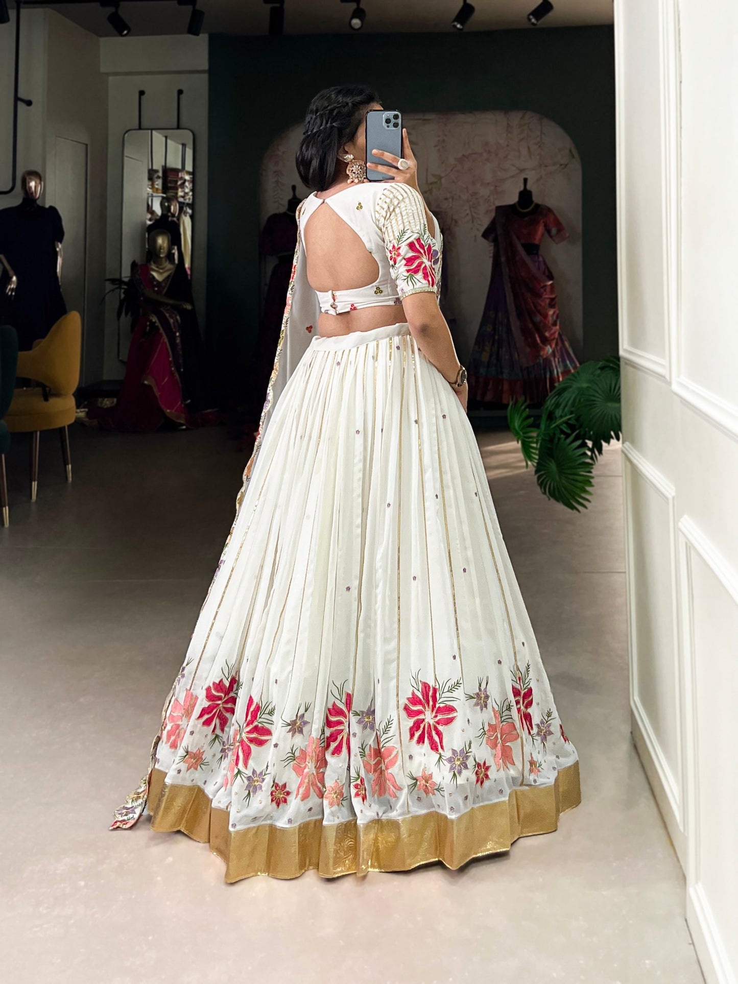 White Georgette Sequins And Thread Embroidery Work Lehenga
