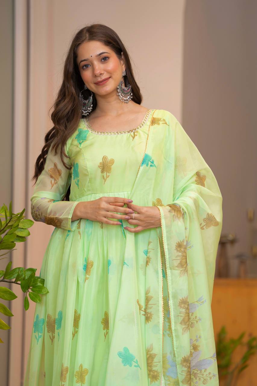 Parrot Green Pure Soft Organza Floral Print Umbrella Suit with Designer Lace Neck
