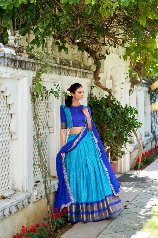 Blue Zari Chex Chex With Zari Weaving Work Lehenga Choli