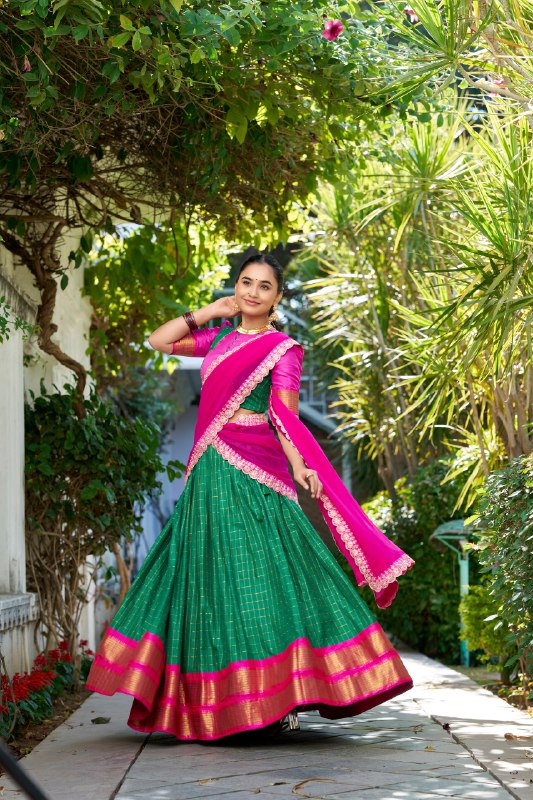 Green Zari Chex Chex With Zari Weaving Work Lehenga Choli