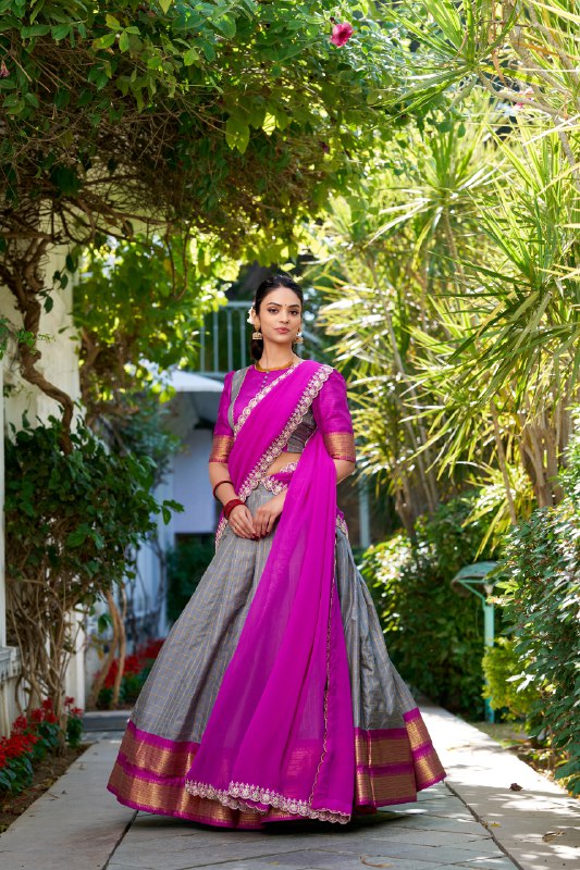 Gray Zari Chex Chex With Zari Weaving Work Lehenga Choli