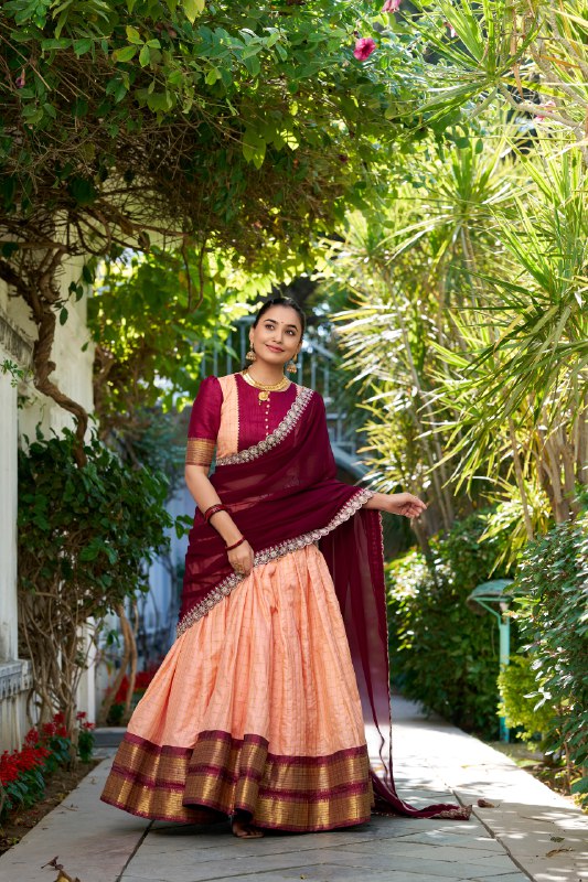 Peach Zari Chex Chex With Zari Weaving Work Lehenga Choli