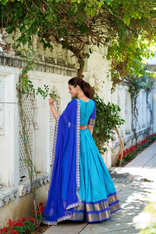 Blue Zari Chex Chex With Zari Weaving Work Lehenga Choli