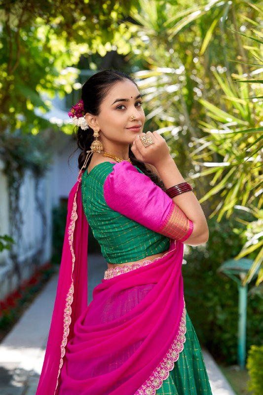 Green Zari Chex Chex With Zari Weaving Work Lehenga Choli