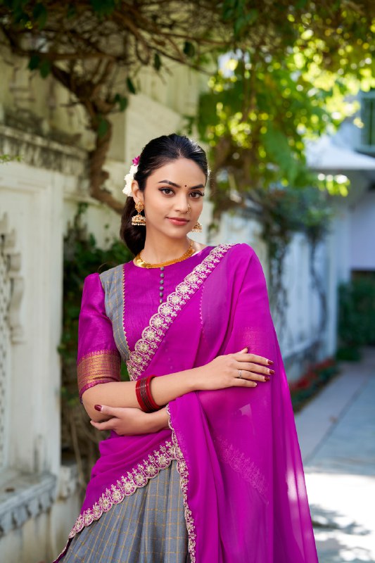 Gray Zari Chex Chex With Zari Weaving Work Lehenga Choli