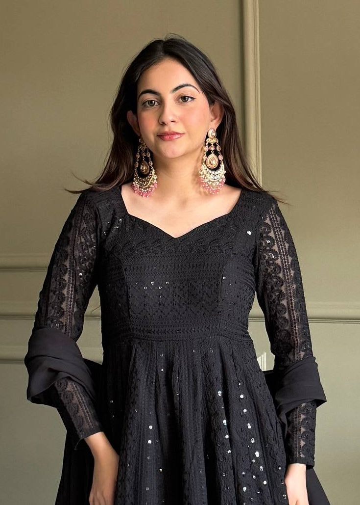 Black Pure Soft Fox Georgette Lukhnowi Sequence Work